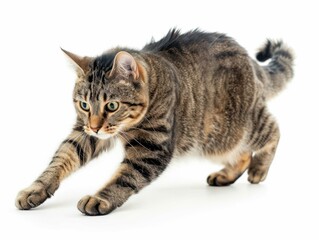 Fototapeta premium Cat in dynamic action pose on a clean white surface