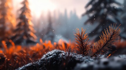  A tight shot of a pine tree against a snow-covered backdrop, sun rays filtering through the foliage, snowflakes scattered on the ground