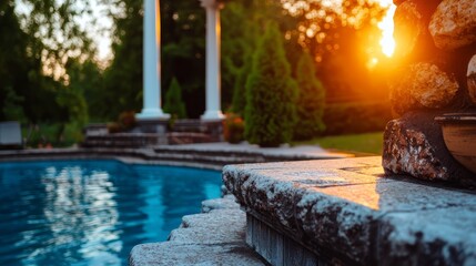  The sun brilliantly illuminates the trees surrounding the swimming pool in the park Stone steps ascend towards the pool