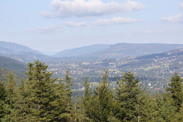 
mountain landscape with trees in the morning to the city in the mountain valley