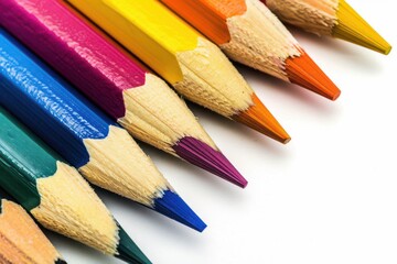 Fototapeta premium Top view of colorful pencils arranged on white surface