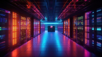 Fototapeta premium Neon Lit Server Room