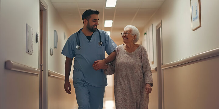 Smiling male nurse helping an elderly woman walk down the hospital hallway
