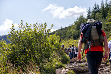 
People hiking in the mountains on a path that winds up