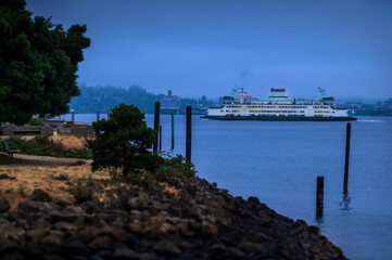 Ferryboat making the morning passage from Seattle to Bainbridge Island on the Olympic Peninsula....