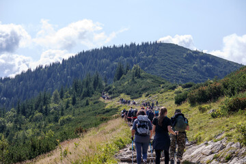 Fototapeta premium tourists line the mountains with a view of the mountain above