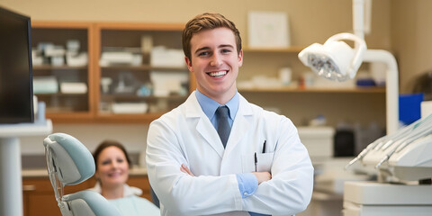 Obraz premium Young Caucasian Male Dentist in His Dental Office with a Patient.