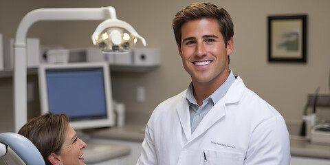 Obraz premium Young Caucasian Male Dentist in His Dental Office with a Patient.