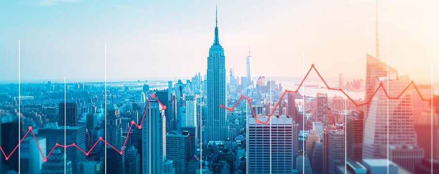 A bustling city skyline showing signs of rejuvenation as a direct result of a government stimulus package