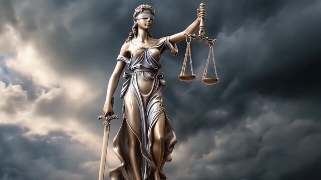 Statue of Lady Justice Themis Holding Scales and Sword under Stormy Sky