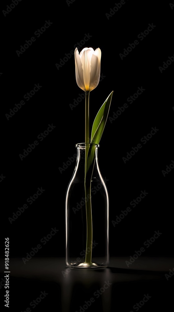 Wall mural white tulip 8n vase on black background 