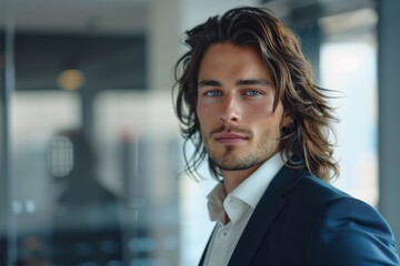Young businessman in business suit with long hair standing on blurred office background