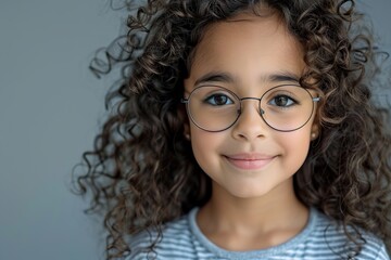Obraz premium Cute little girl in eyeglasses with curly hair on grey background
