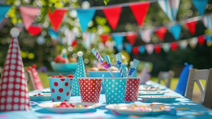   A close-up image of a table with cups and plates, featuring toothbrushes inside, and flags present in the background