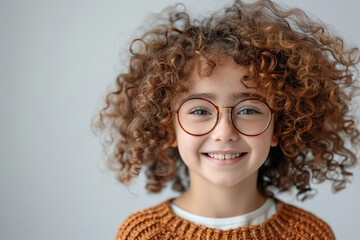 Obraz premium Cute little girl in eyeglasses with curly hair on grey background