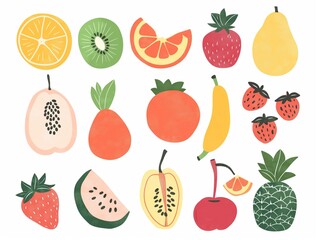 Set of various fruits simple illustration. AI generated