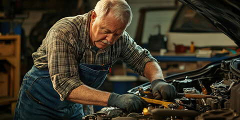 Older Caucasian man working on car engine, wearing blue jeans and a plaid shirt, tools spread out on the ground