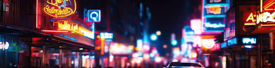 The Neon Nightlife: A bustling city street at night, neon signs casting a dazzling glow.