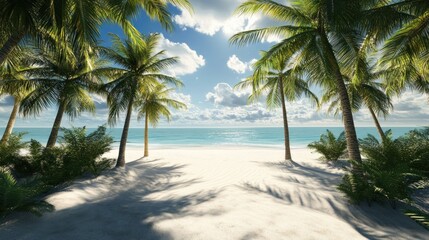 3D Tropical Beach with Palm Trees Wallpaper