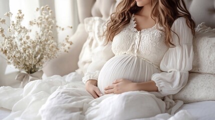 pregnant belly, girl on white bed
