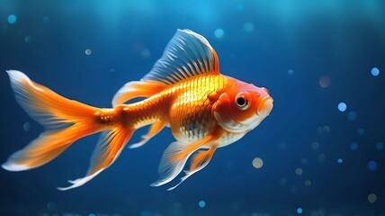 Vibrant goldfish swimming gracefully in a blue, bokeh-filled background, highlighting the beauty and tranquility of aquatic life. The colorful scene captures the essence of underwater serenity. 