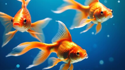 Naklejka premium Vibrant goldfish swimming gracefully in a blue, bokeh-filled background, highlighting the beauty and tranquility of aquatic life. The colorful scene captures the essence of underwater serenity. 