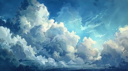   A breathtaking depiction of a blue sky filled with fluffy white clouds, framed by a lone plane soaring effortlessly through the radiant sunlight filtering through the heavens