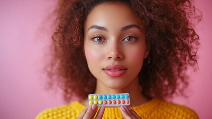 A woman with curly hair is holding a box of multicolored candies