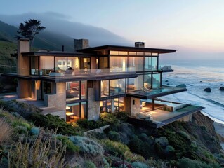 Fototapeta premium Coastal home with large windows and ocean views