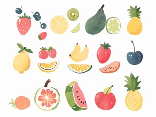 Set of various fruits simple illustration. AI generated