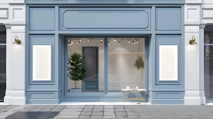 pattern for a vintage boutique storefront, with a white and blue commercial facade