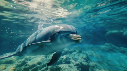 Fototapeta premium Dolphin swimming in sunlit water