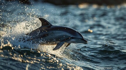 Fototapeta premium A dolphin leaps from water with an open mouth and exposed head