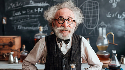 Old scientist with test tube in vintage laboratory with chalkboard. Funny traditional educator demonstrating science experiment.