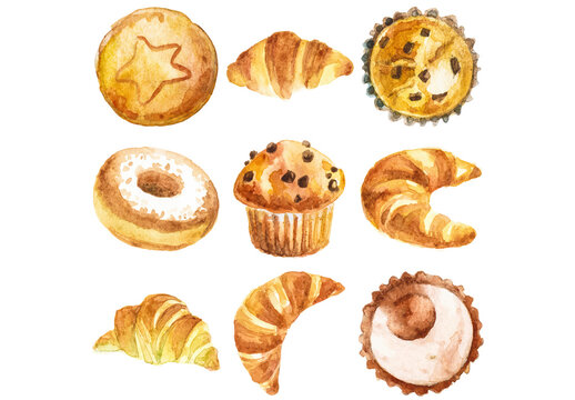 Vector watercolor painted sweet bakery clipart. Hand drawn design elements isolated on white background.