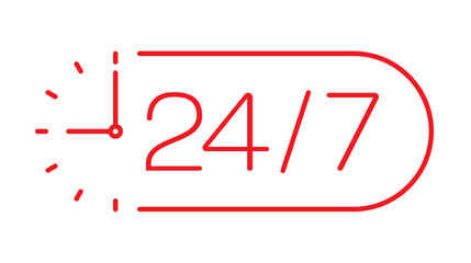 24-7 service logo on white background. red 24-7 concept. half analog clock and 24-7. 24 hours and 7 days