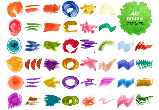 Vector collection of colorful watercolor brush strokes and splatters isolated on white background.