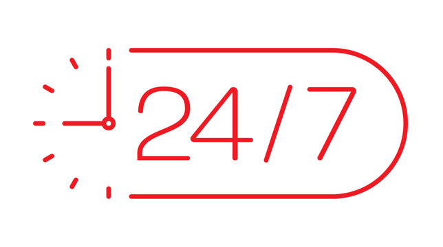 24-7 service logo on white background. red 24-7 concept. half analog clock and 24-7. 24 hours and 7 days