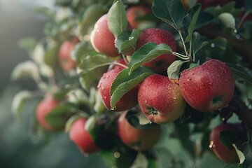 Ripe red apples hanging on branches