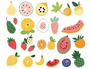 Set of various fruits simple illustration. AI generated