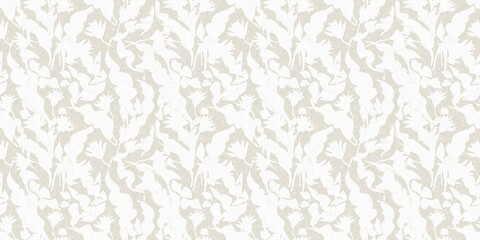 Seamless french gender neutral floral linen printed fabric border background. Light mottled white on grey cottage core block print pattern. Shabby chic woven duotone cloth effect. 