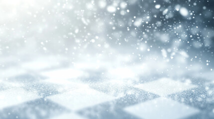 Abstract winter background featuring snowflakes blown by the wind against a white checkered backdrop. Includes white dust particles in PNG format.