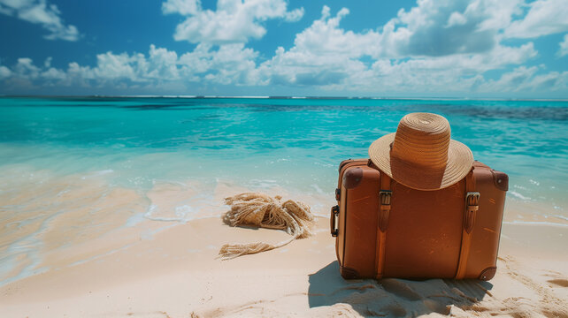A suitcase and a wide-brimmed hat beckon you to unwind and relax. Perfect for travel, vacation