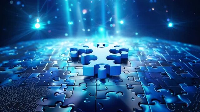 Symbols of jigsaw games Creativity, connection, challenge. on blue futuristic technology background.