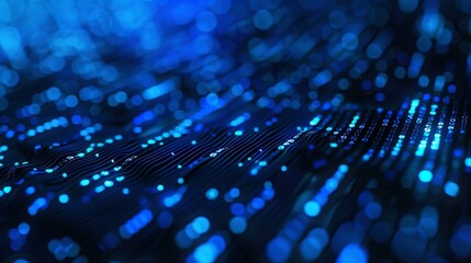 Obraz premium Close-up of circuit board with glowing blue lights and digital binary code