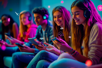 Smiling teenagers enjoying music and technology in a vibrant neon-lit space.