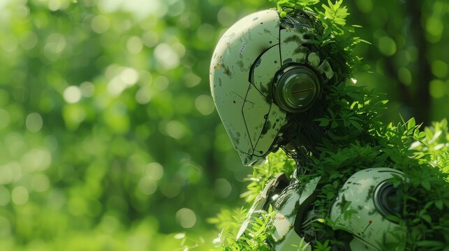 Futuristic humanoid robot intertwined with nature, surrounded by lush green foliage, symbolizing the blend of technology and ecology