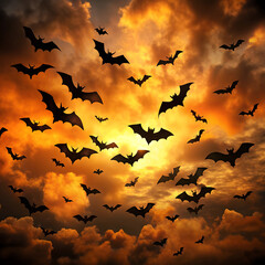 Swarm of Bats Flying Against a Dramatic Sunset Sky