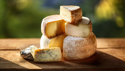 Tasty artisan cheeses. Delicious food. Creamy homemade delights. Close-up.