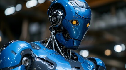 Fototapeta premium Futuristic blue robot with glowing eyes and advanced mechanics standing in a modern industrial environment